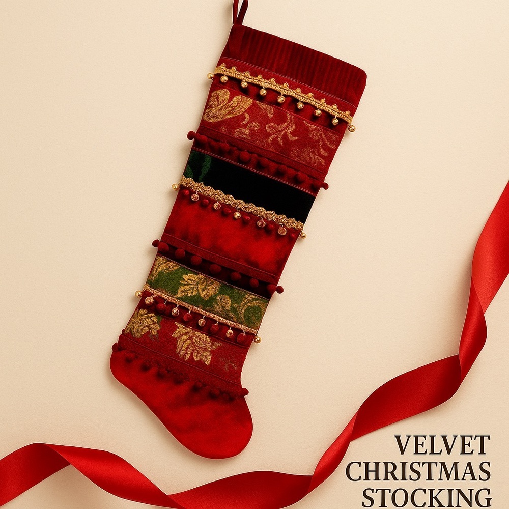 Christmas Stocking Jumbo Brocade Burgundy Green Velvet 30”